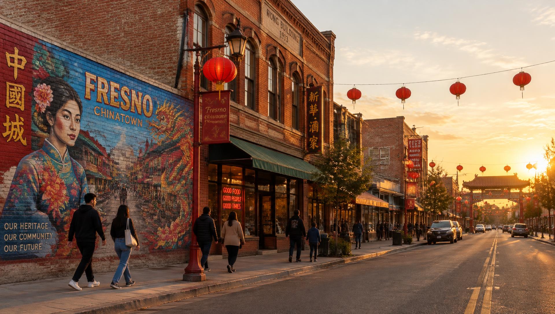 Historic brick storefronts in Fresno's Chinatown